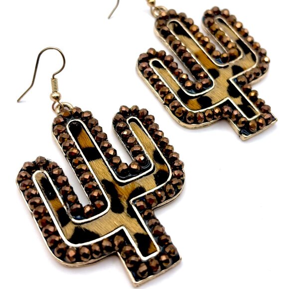 Brown Crystal Beaded Leopard Animal Print Saguaro Cactus Western Dangle Earrings - Picture 2 of 5
